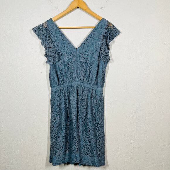 MAdewell Lace Flutter Sleeve Dress Knee Length Casual Cute Blue Grey - 2 - Picture 4 of 5